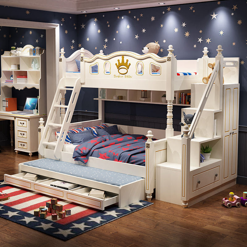 Luxury white princess castle bed Bedroom furniture boys and girls kid Bunk bed with slide and drawers