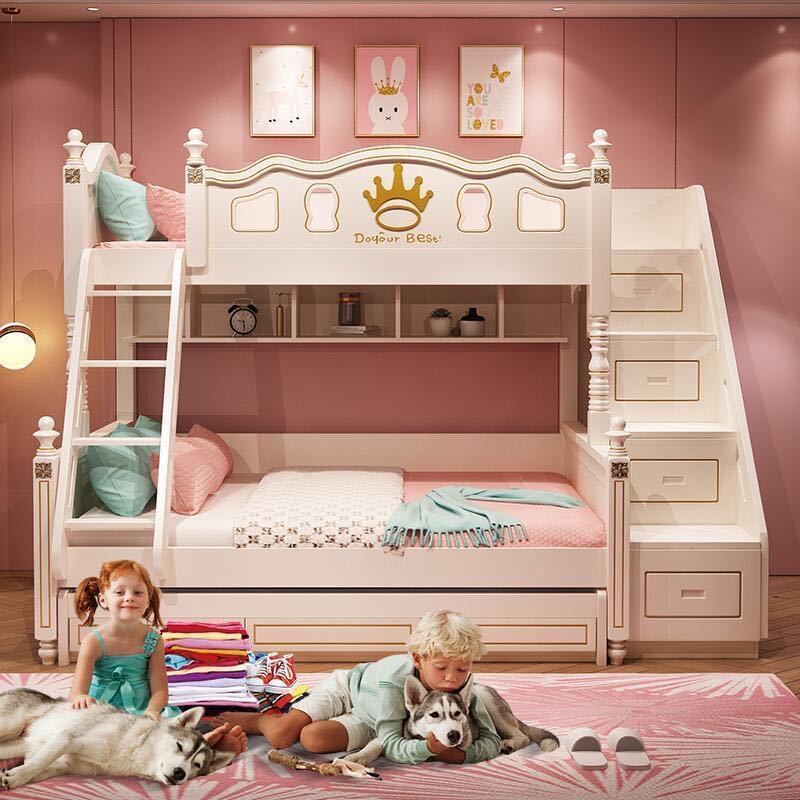 Luxury white princess castle bed Bedroom furniture boys and girls kid Bunk bed with slide and drawers