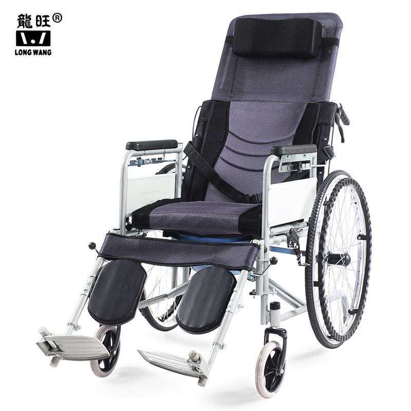 Multi-function full lying recliner manual commode wheelchair for elederly silla de ruedas  rehabilitation therapy reclining