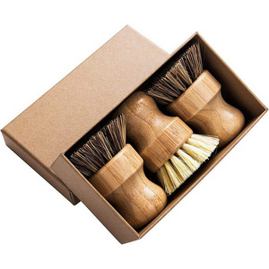 Palm Pot Brush- Bamboo Round 3 Packs Mini Dish Brush Natural Scrub Brush Durable Scrubber Cleaning Kit with Union Fiber