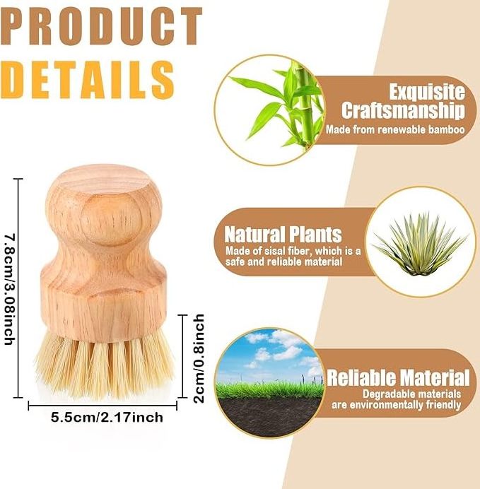 Palm Pot Brush- Bamboo Round 3 Packs Mini Dish Brush Natural Scrub Brush Durable Scrubber Cleaning Kit with Union Fiber