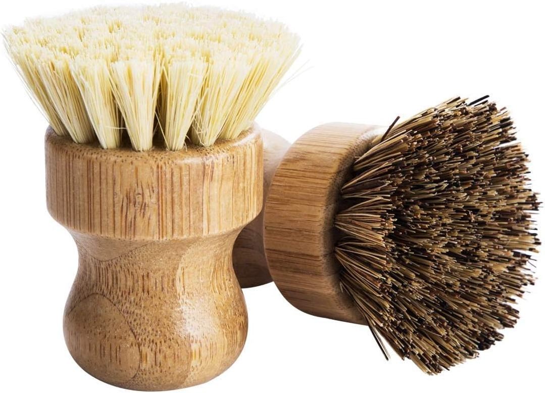 Palm Pot Brush- Bamboo Round 3 Packs Mini Dish Brush Natural Scrub Brush Durable Scrubber Cleaning Kit with Union Fiber