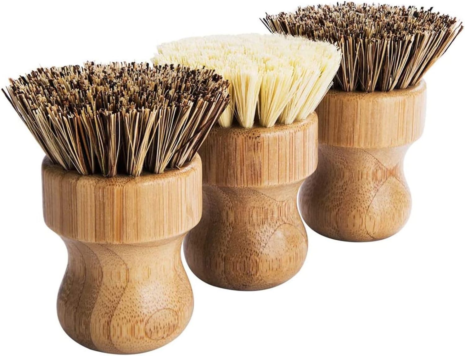 Palm Pot Brush- Bamboo Round 3 Packs Mini Dish Brush Natural Scrub Brush Durable Scrubber Cleaning Kit with Union Fiber