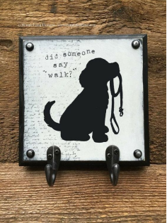 Custom Decor Wooden Key Holder & Dog Leash Hook Wall Mount for Entry Way Kitchen Mudroom His Hers & Paw Print Triple Hook