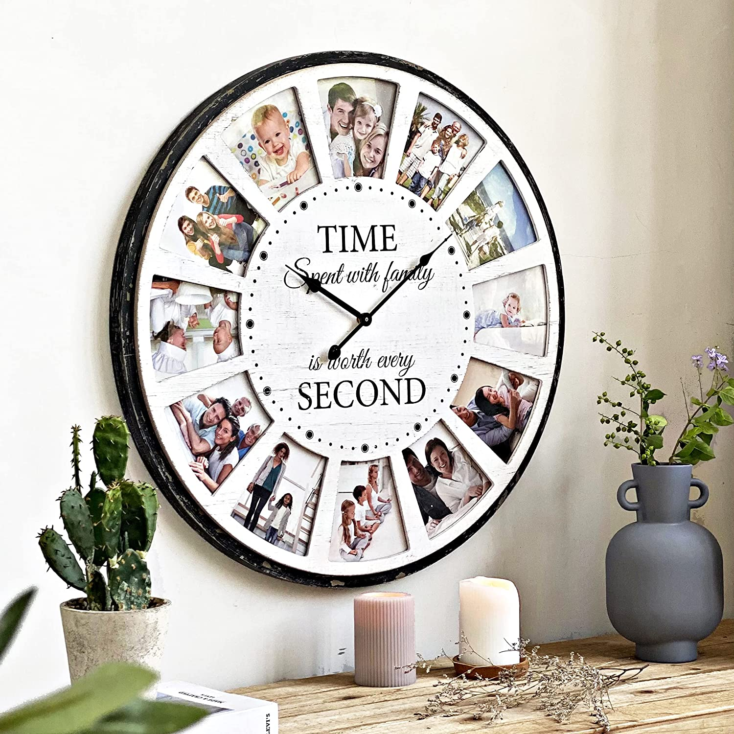 Hanging Modern Photo Collage Family Quote Wood art wall clock household wall modern minimalist home decor living room clock