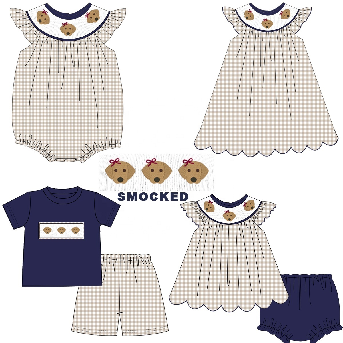 2023 Hot sale Customized Puppy Embroidery Smocked Baby Girl Romper