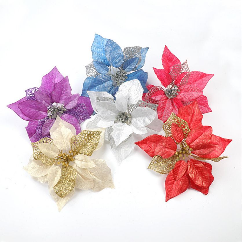 Wholesale Christmas Flower Glitter Powder Hollow Out Artificial Flower Christmas Decoration Christmas Tree Flowers