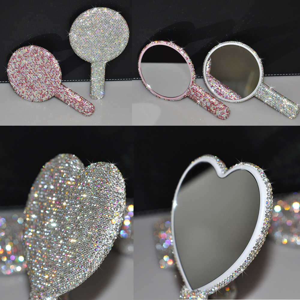 Wholesale Princess Lovely Hand Held Mirror  Heart Luxury Shiny Diamond Cosmetic Mirror Makeup Handheld Mirror