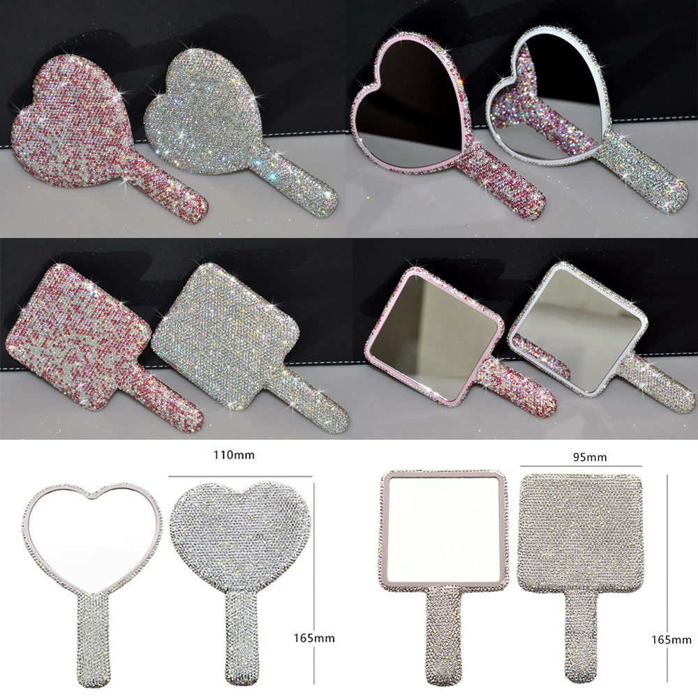 Wholesale Princess Lovely Hand Held Mirror  Heart Luxury Shiny Diamond Cosmetic Mirror Makeup Handheld Mirror