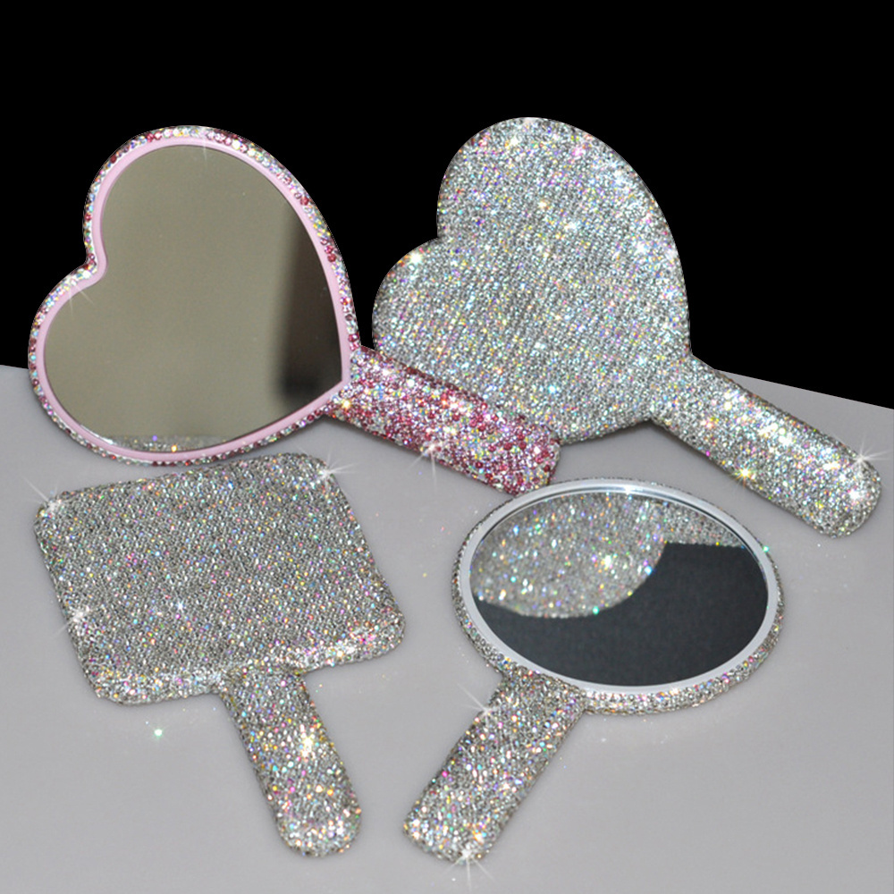 Wholesale Princess Lovely Hand Held Mirror  Heart Luxury Shiny Diamond Cosmetic Mirror Makeup Handheld Mirror