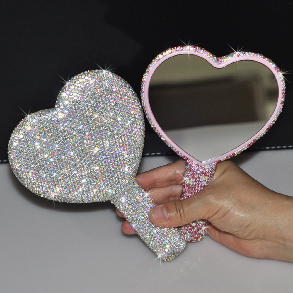 Wholesale Princess Lovely Hand Held Mirror  Heart Luxury Shiny Diamond Cosmetic Mirror Makeup Handheld Mirror