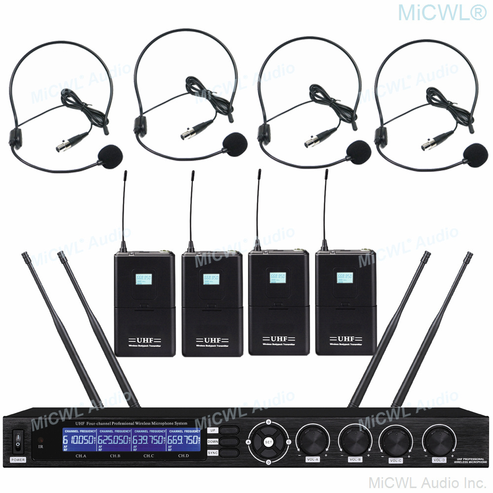 MiCWL Professional 4 Channel UHF Wireless Microphone System with Four Headsets Condenser  Mic