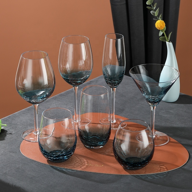 Wine Glasses for Red or White Wine, Hand Blown Large Wine Glass Blue Crackle Lead-Free Stemless Glassware for Gift