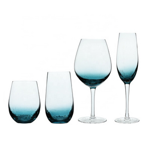 Wine Glasses for Red or White Wine, Hand Blown Large Wine Glass Blue Crackle Lead-Free Stemless Glassware for Gift