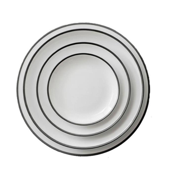 Hot sale white simple style catering bone china dinner plates with black rim