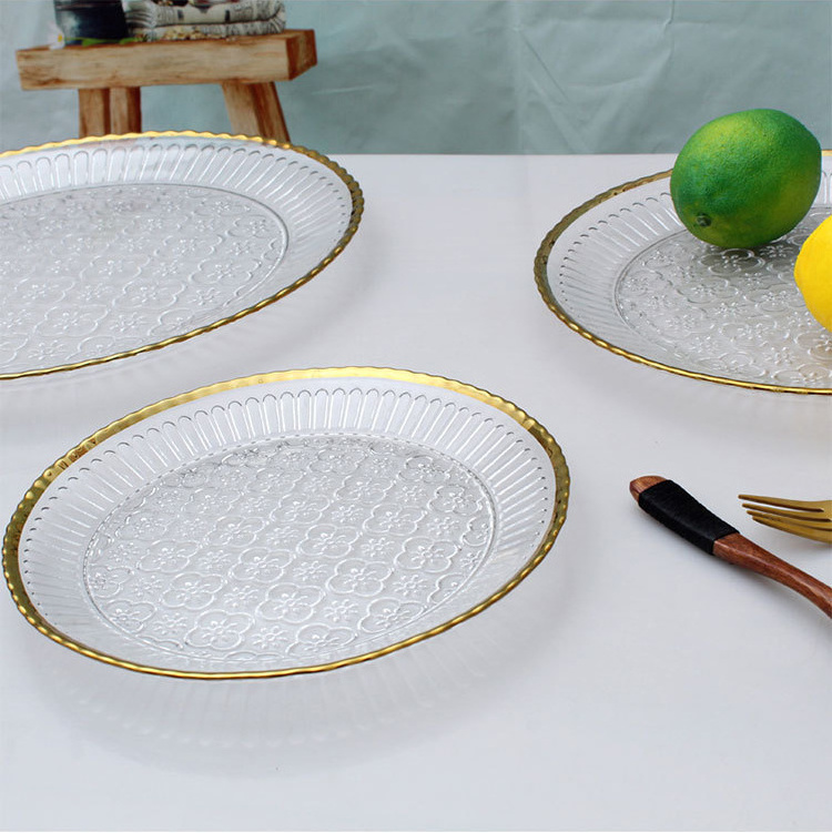 Gold rim glass plate with Home fruit salad dessert cake steak Western plate flat plate