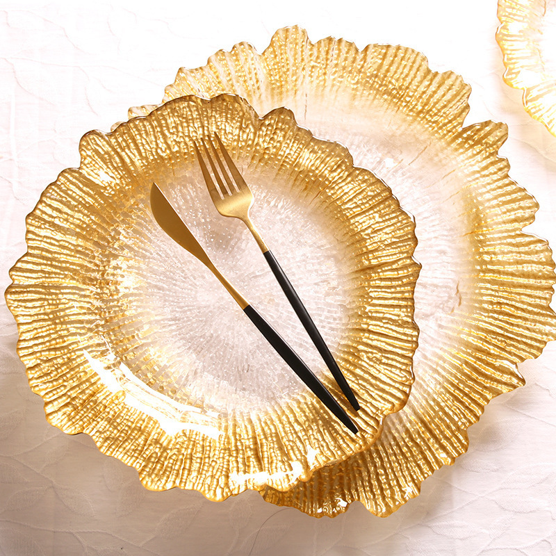 Wholesale table gold glass chargers plates with gold rim for wedding