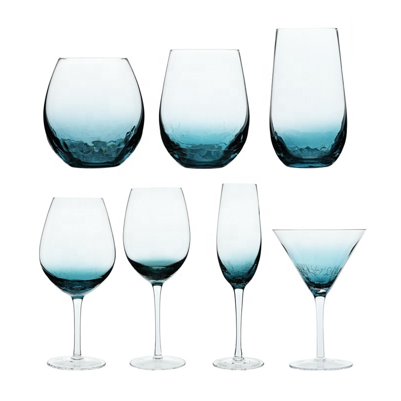 Wine Glasses for Red or White Wine, Hand Blown Large Wine Glass Blue Crackle Lead-Free Stemless Glassware for Gift