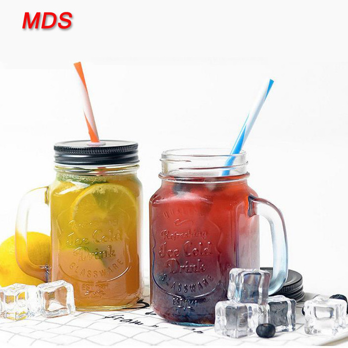 Drinking glassware lemon juice mason jar with handle and straw