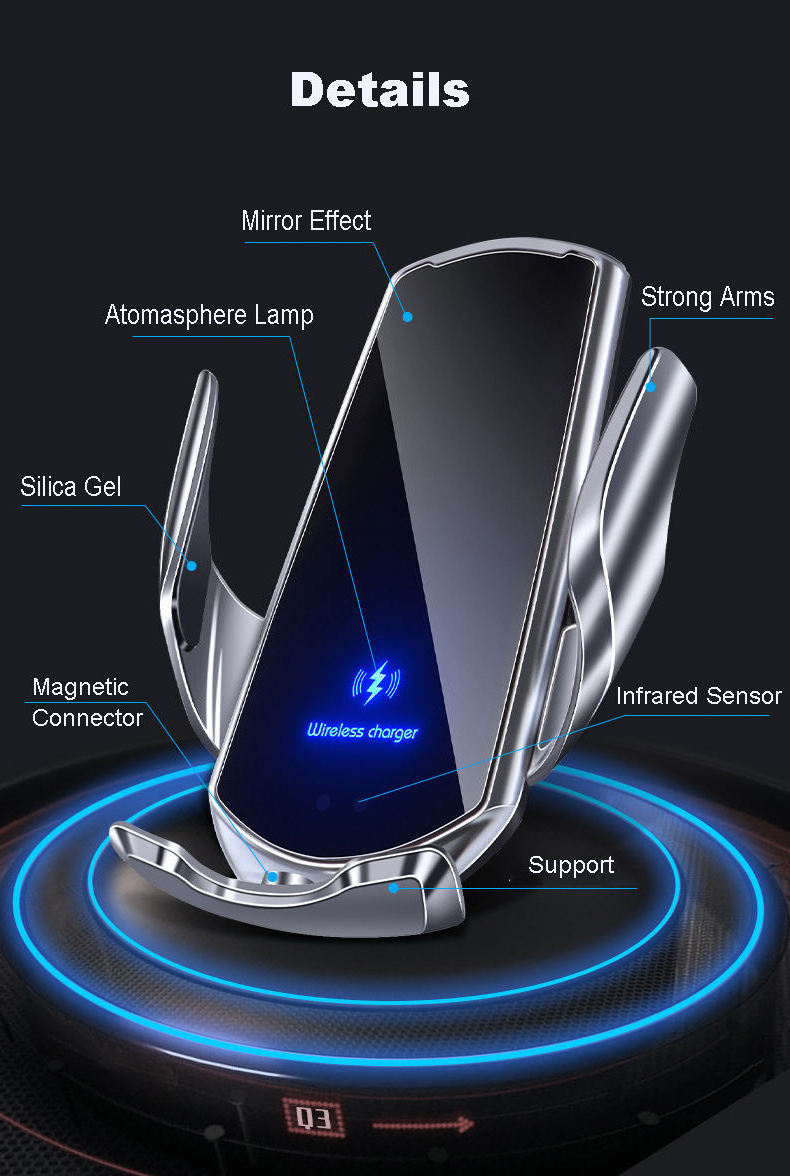 New Arrival Auto Clamping with Megnetic Connector Tips Head Car Phone Holder Fast Charge 15W Qi Wireless Car Charger