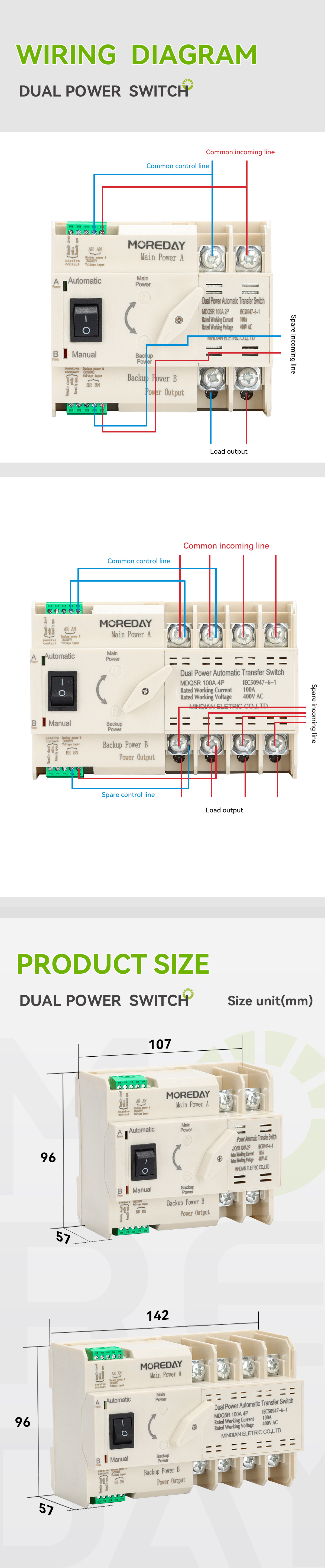 MOREDAY Electric 63A Automatic generator 2P 3P 4P transfer switch controller Ats Dual Power changeover Switch