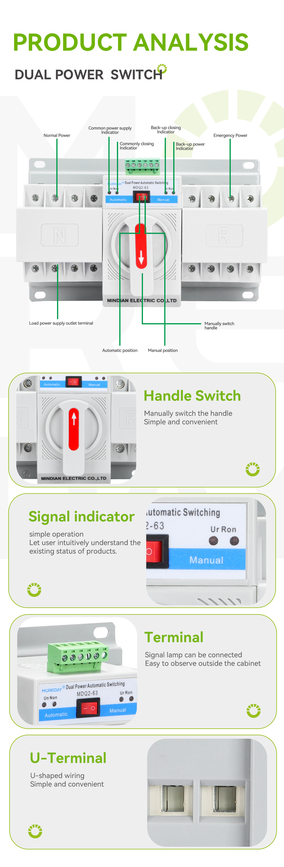 MOREDAY 63A Automatic generator 2P 3P 4P transfer switch controller Ats Dual Power changeover Switch