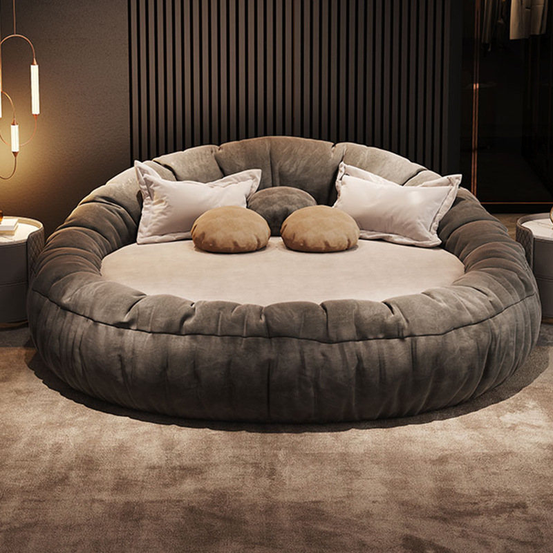 Frosted Technology Velvet Italian Villa Bed Bedroom Furniture Double Couple Modern Fabric Round Bed