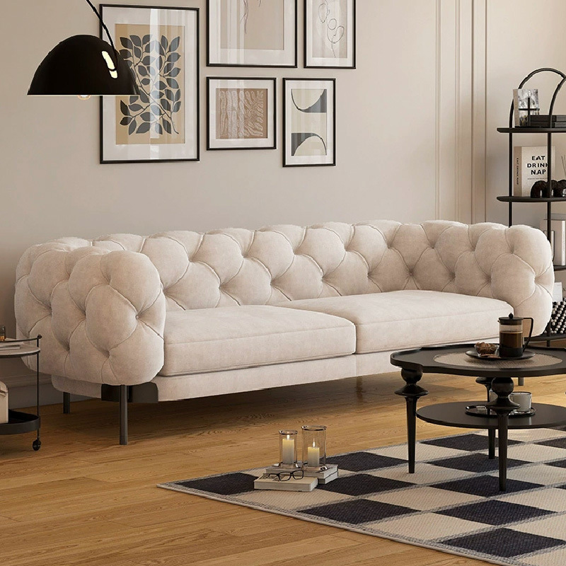 Italian Minimalist Frosted Fabric Sofa Three-seat Post-modern Living Room Furniture Pull Buckle Sofa