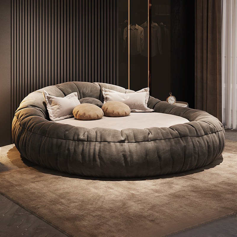 Frosted Technology Velvet Italian Villa Bed Bedroom Furniture Double Couple Modern Fabric Round Bed