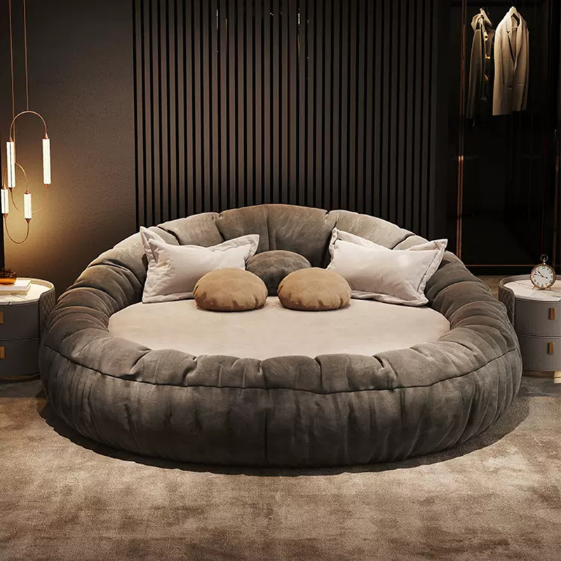 Frosted Technology Velvet Italian Villa Bed Bedroom Furniture Double Couple Modern Fabric Round Bed