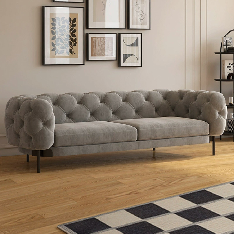 Italian Minimalist Frosted Fabric Sofa Three-seat Post-modern Living Room Furniture Pull Buckle Sofa