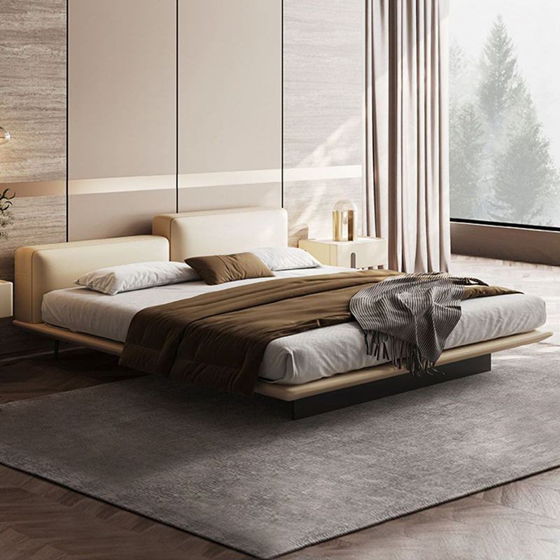 Italian Modern Luxury Leather Bed Bedroom Furniture Double Up-holstered Wooden Tofu Block Bed