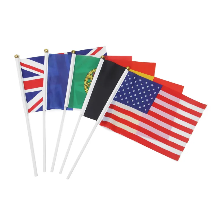 Customizable 100% Polyester Custom Logo Small Mini Handheld Stick Flag Hand Held Waving Flag With Plastic or Wood Pole