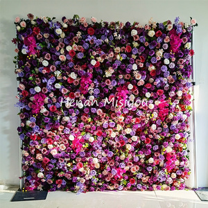 Customized Wedding Decor 3D Roll Up Cloth Flower Walls Purple Rose Wedding Artificial Silk Flower Wall Panel Backdrop