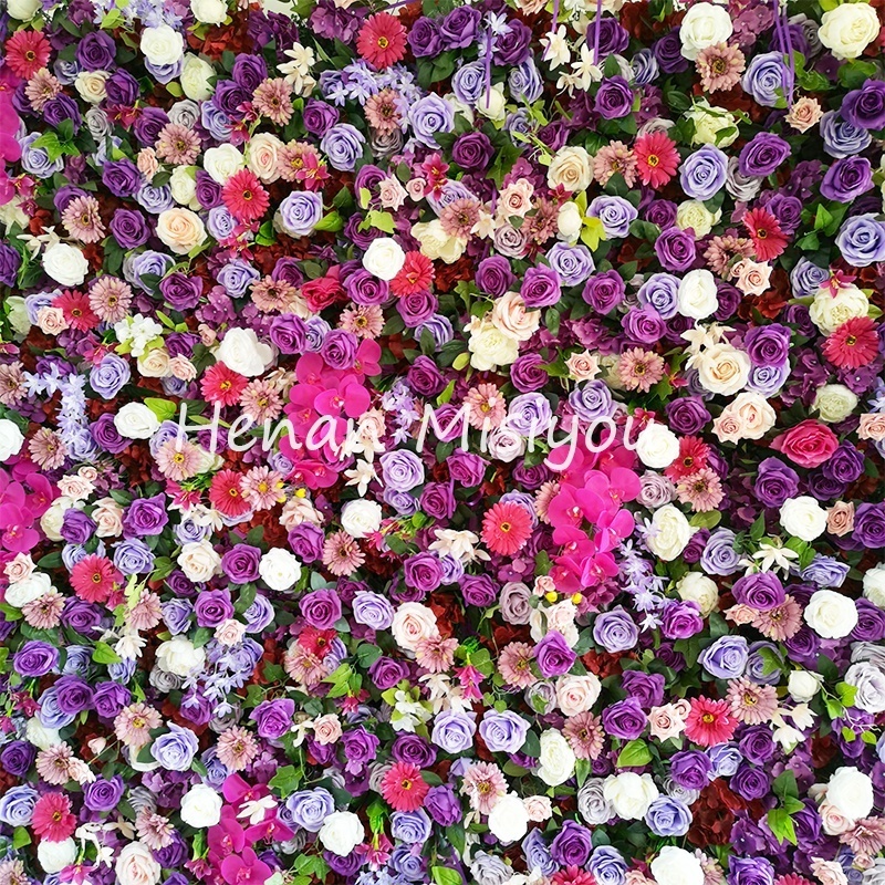 Customized Wedding Decor 3D Roll Up Cloth Flower Walls Purple Rose Wedding Artificial Silk Flower Wall Panel Backdrop