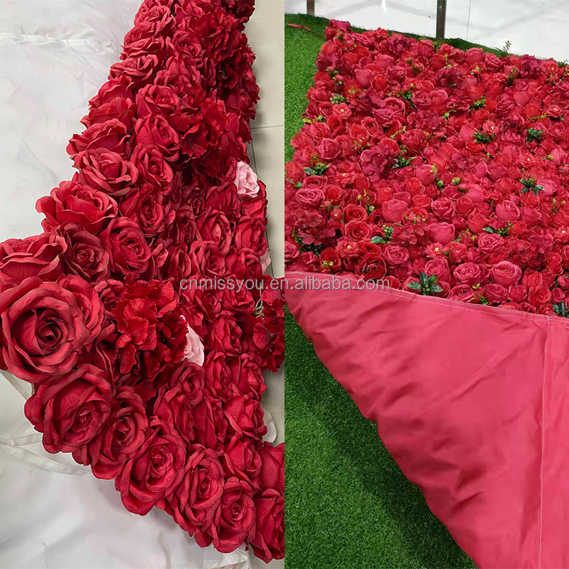 Customized Wedding Decor 3D Roll Up Cloth Flower Walls Purple Rose Wedding Artificial Silk Flower Wall Panel Backdrop