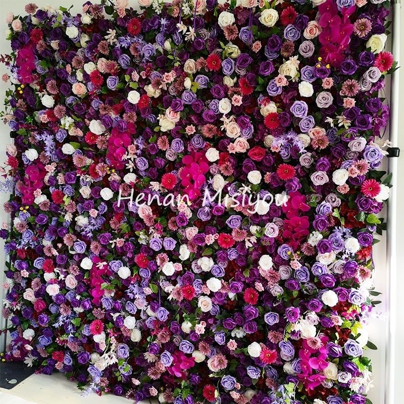 Customized Wedding Decor 3D Roll Up Cloth Flower Walls Purple Rose Wedding Artificial Silk Flower Wall Panel Backdrop