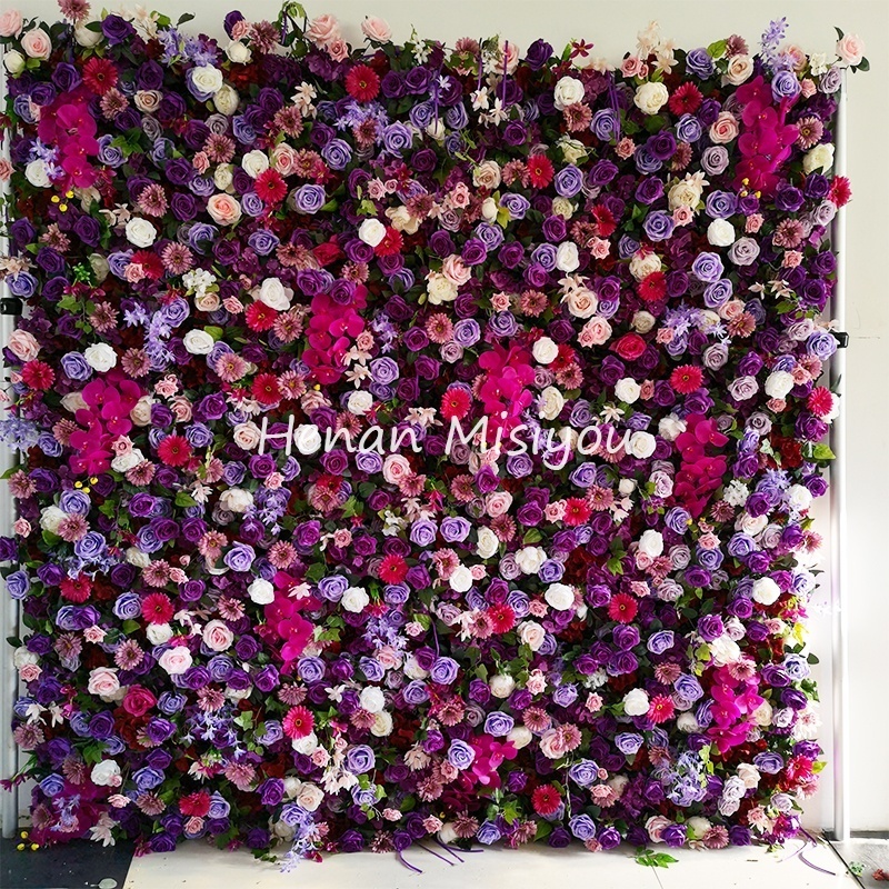 Customized Wedding Decor 3D Roll Up Cloth Flower Walls Purple Rose Wedding Artificial Silk Flower Wall Panel Backdrop