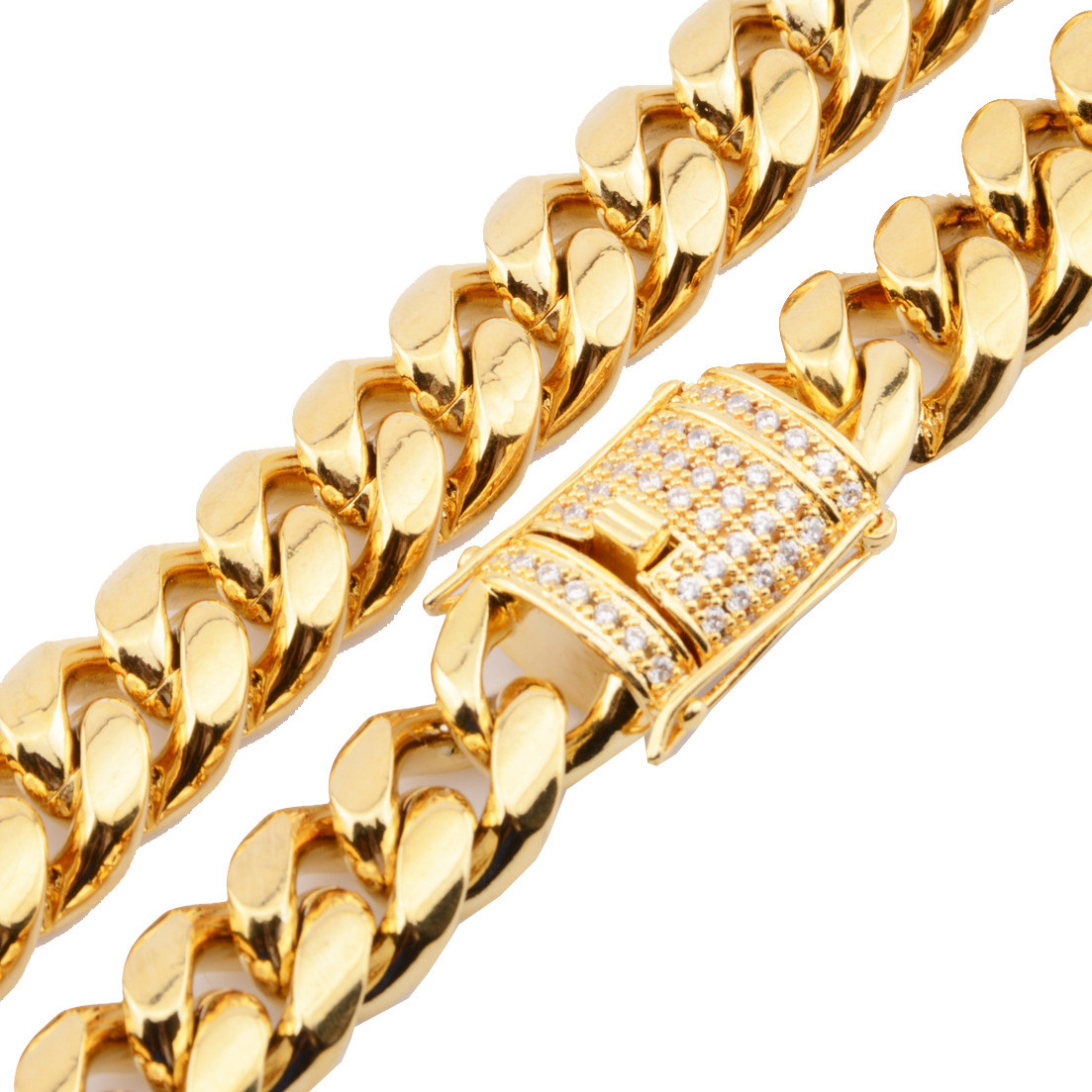 18K Gold Plated Stainless Steel Cuban  Chains Zircon Chain Necklace For Men Miami jewelry stainless steel necklace chains bulk