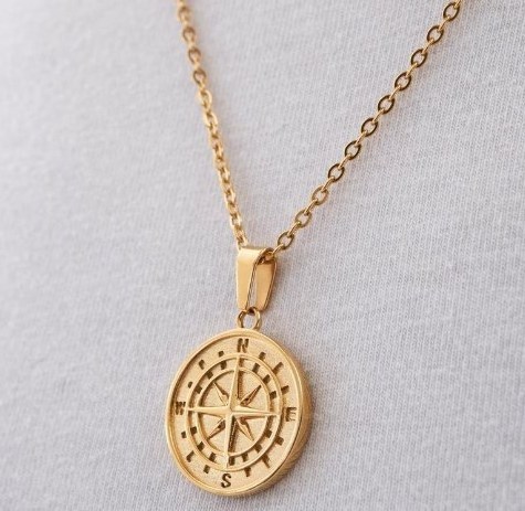 OEM ODM Factory Custom Stainless Steel Gold Plated Mens Matte Brushed Coin Compass Pendant Necklace