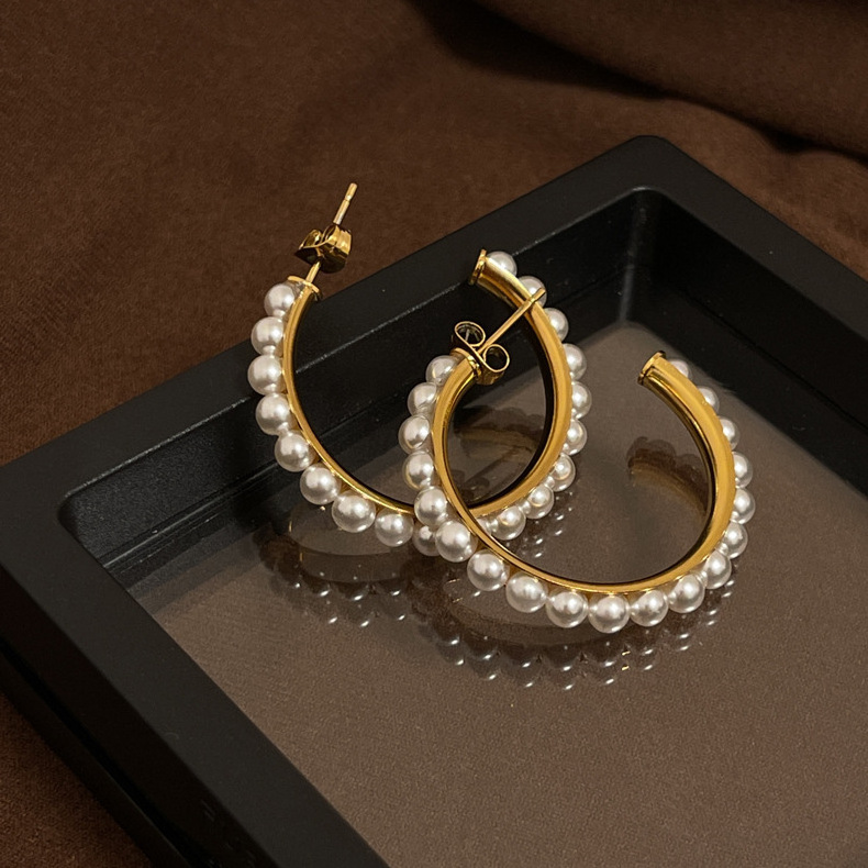 High quality vintage pearl earrings stainless steel c shape pearl large thick earring 18k gold plated half hoop