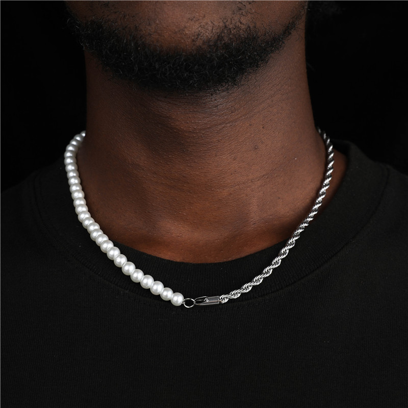 Waterproof Jewelry 5mm Custom Stainless Steel Rope Chain Glass Pearl Natural Freshwater Pearl Necklace For Man