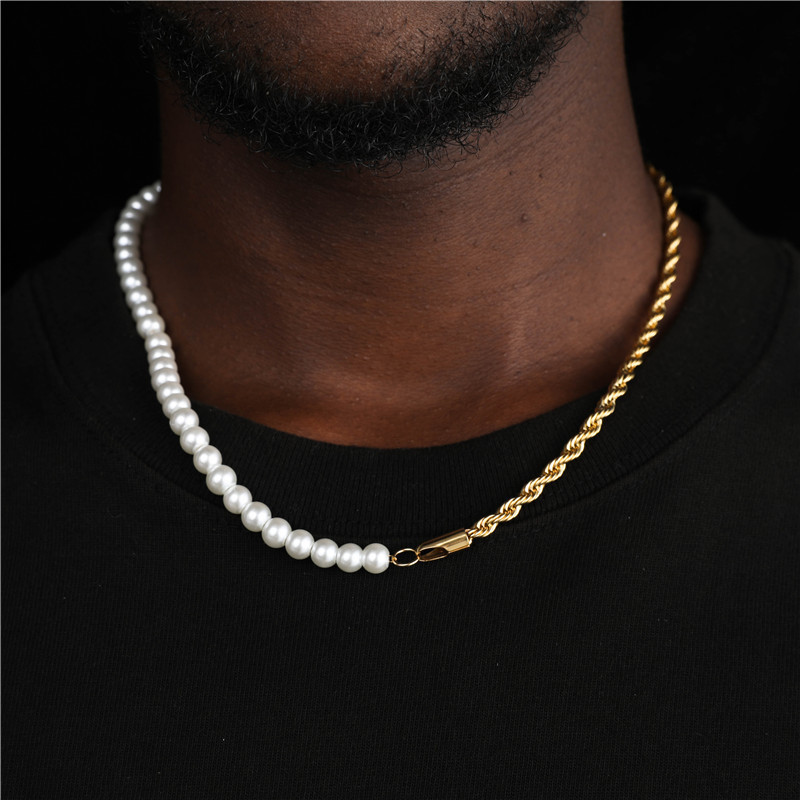 Waterproof Jewelry 5mm Custom Stainless Steel Rope Chain Glass Pearl Natural Freshwater Pearl Necklace For Man