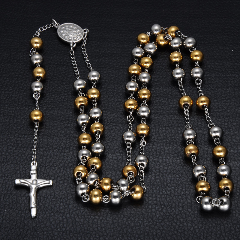 Long Bead Necklace Stainless Steel 8mm Beads Rosary Cross Necklace