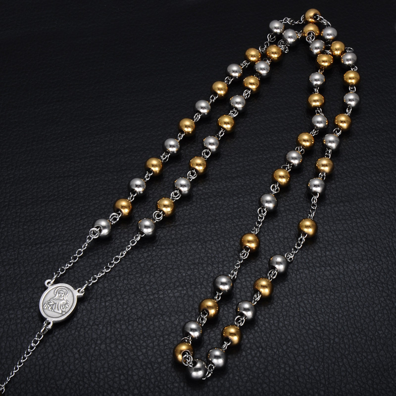 Long Bead Necklace Stainless Steel 8mm Beads Rosary Cross Necklace