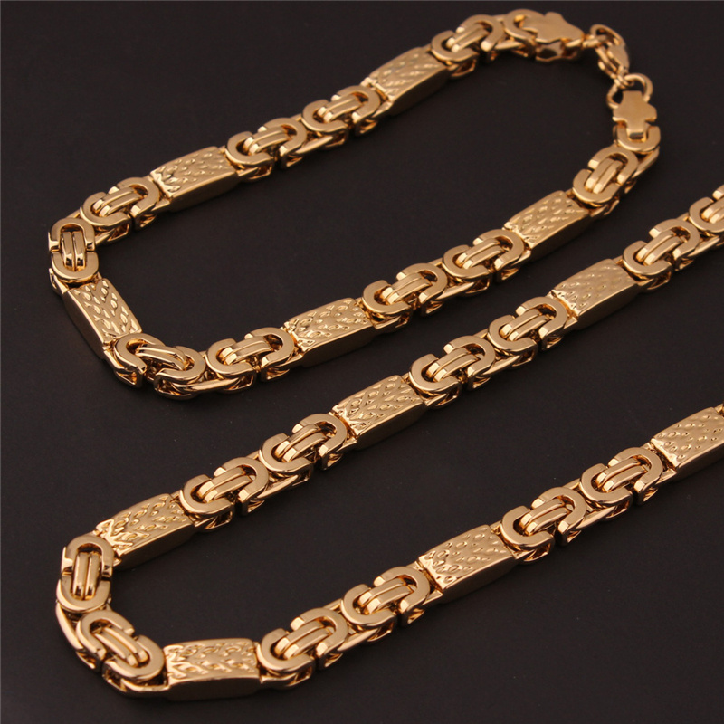 MJ Custom Design Fashion Stylish Stainless Steel PVD Gold Plated Byzantne Chain Necklace and Bracelet Jewelry set