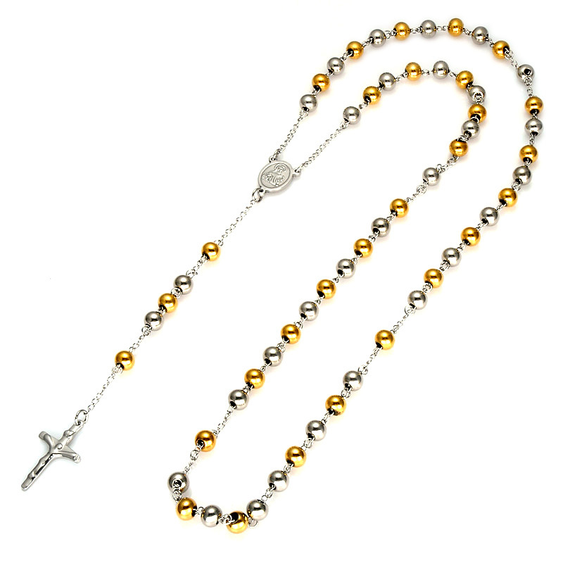 Long Bead Necklace Stainless Steel 8mm Beads Rosary Cross Necklace