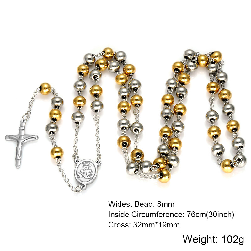 Long Bead Necklace Stainless Steel 8mm Beads Rosary Cross Necklace