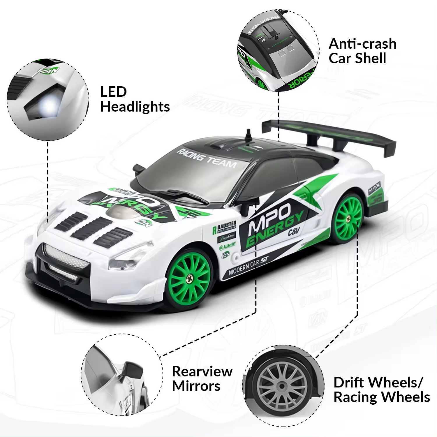 2.4ghz 1:24 Rc Car Drift 4wd Remote Control Drift Racing Car With Light 15km/h Race Car With Replaceable Tires And Obstacles