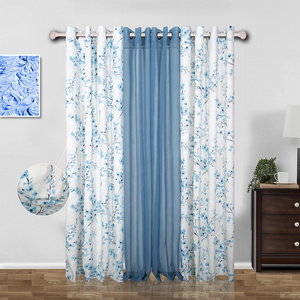 Wholesale blue tone printed black out and solid sheer curtains set